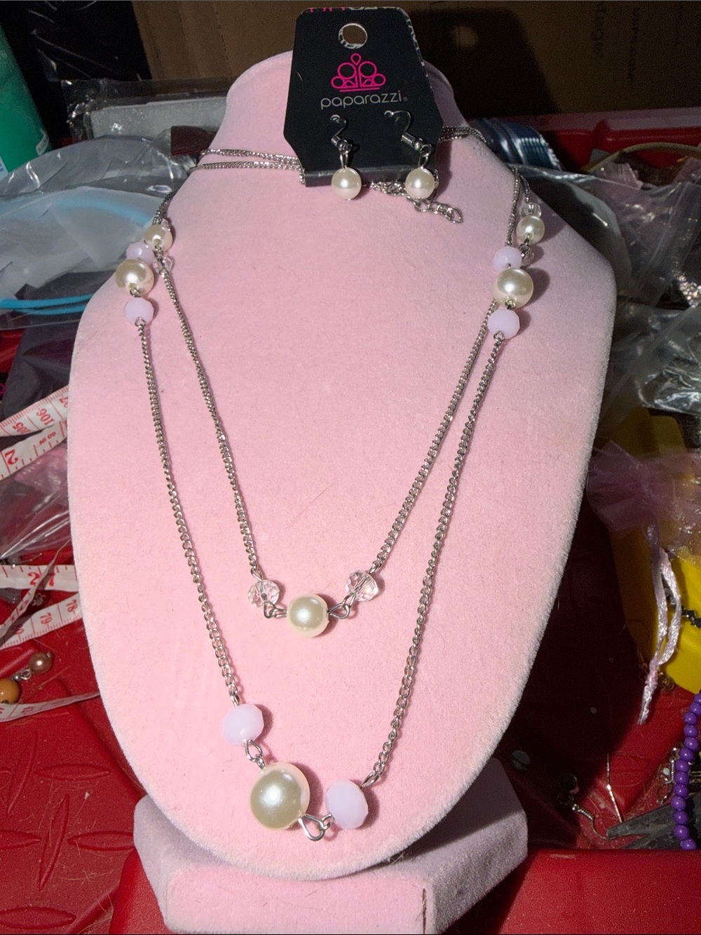 paparazzi Pink/Ivory Faux Pearl Double-Layer Necklace, Earrings (J0295)